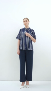 Urban Exchange Blouse Stripe Kimiko Navy Blue - Atasan Kemeja Blouse Wanita Lengan Pendek