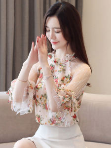 2024 New Style Womens Floral Short Sleeve Chiffon Shirt One Shoulder Design Ultra Fairy Korean Loose Fit Printed Gown Summer Top