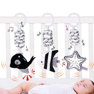 Baby Car Seat Toys Set with Crinkle BB Squeaker High Contrast Black White Baby Hanging Toys for Stroller Soft Plush Rattle Toy for Sensory Brain Development Newborn Baby Infant Toy 0 3 6 9 12 Mons