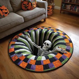 VIKAMA Halloween Round Rug Checkerboard Vortex Ghost 3D Illusion Non Slip Area Rug Living Room Spooky Decor Festive Soft Durable