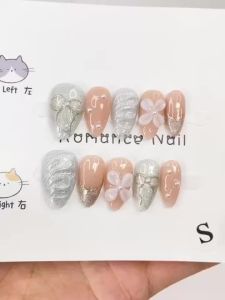 【5in1 Toolkit+HANDMADE】Artificial Nail Cute Flower Gold Bow Silver Foil Almond shape Phototpy Fake Nail Patch Press on Nails Reusable