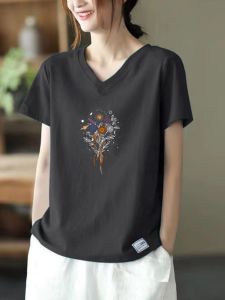 Pure Cotton Short Sleeve T-Shirt Womens Summer Fashion Simple V-neck Print Inner Wear Top Commute Style Regular Length