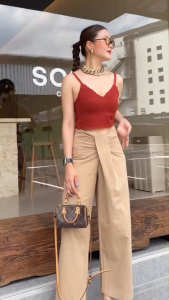 🔖Mirrorsister 50423.2 กางเกงขายาว ช่วงเอวแต่งDrapped ทรงกระบอกใส่ง่าย แมชกับอะไรก็เก๋