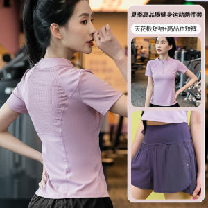 Professional Womens Fitness Set Summer Thin Breathable Short Sleeve Yoga Clothes Quick Dry Professional Running Sportswear