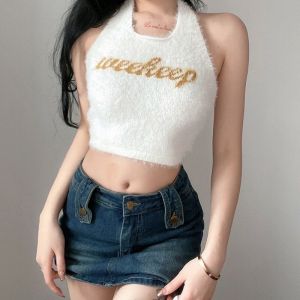 เสื้อกั๊กถักคอวีผ้าขนแกะปลอมทรงเข้ารูปเอวสูงสำหรับผู้หญิง เสื้อชั้นในเซ็กซี่กระชับสัดส่วน แขนกุด ผ้าฝ้ายผสม