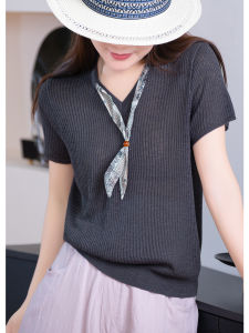 XIAOER | Soft Comfortable Cool Feeling Fabric Vertical Texture Scarf V-Neck Knit Short Sleeve Top