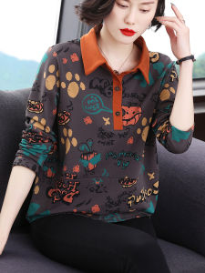 Loose Fit Pure Cotton Long Sleeve Polo Collar T-Shirt for Women Autumn Wear Outerwear Mommy Clothes Stylish Korean Style