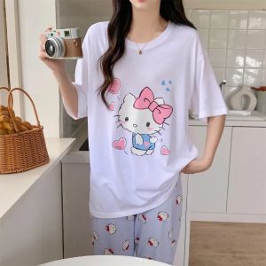 New Sanrio Hello Kitty Pajama Set Anime Woman White T-shirt Purple Sleeping Pants Suit Leisure Home Clothing Student Nightwer
