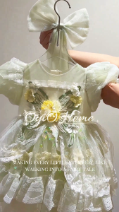 Girls Princess Dress Green Floral Lace Tulle Dress Kids Birthday Party Dress Flower Girl Wedding Dress Baby Girl Elegant Dress 100-150cm