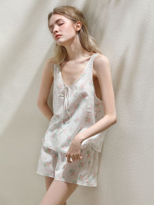 XEXZ | ชุดนอนแขนกุดผ้าฝ้ายแท้พิมพ์ลายหวาน ชุดนอนหลวมๆ สุดเซ็กซี่สำหรับใส่ไปงานปาร์ตี้ในบ้านได้ สายรัดโบว์ผีเสื้อ แขนกุด คอตั้ง