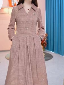 Spring Long Sleeve Womens Dress Elegant Waist-Cinching A-Line Midi Skirt Polo Collar Single Piece Autumn Winter Fashion