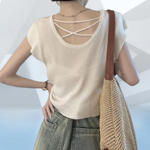 Áo Thun Tay Lỡ Mỏng Ôm Vừa Vặn Thời Trang Mùa Hè 2023 Áo Thun Cổ Tròn Tay Lỡ Bằng Lụa Băng Thêu Hở Lưng Cao