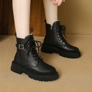 British Style Martin Boots Womens Belt Buckle Fleece Lined Slim Fit Single Cotton Short Boots Fashionable Winter Shoes