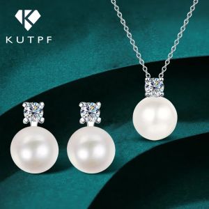 100% 925 Sterling Silver Pearl Moissanite Diamond Jewelry SetCertifiedCertificate Pendant Necklace Stud Earrings for Women Gift