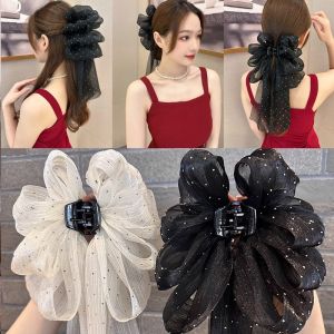 Gypsophila Ribbon Gauze Bow Hair Accessories Grab Clip Female Summer Back Head Half-Tie Hair Clip Shark Clip Headdress (Black/White)