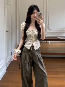 LIRUSHAN | Summer V-Neck Puff Sleeve Top and Wide Leg Pants Set