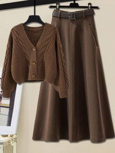 Áo Len Dệt Kim Họa Tiết Lanh Phong Cách Lười Biếng Mùa Thu Đông Mới Áo Len Và Chân Váy Len Nửa Thân Hai Mảnh