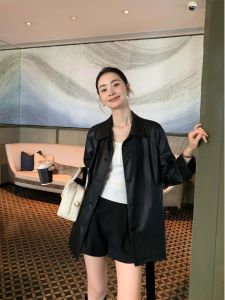 Pusumede Black PU Leather Jacket Womens Belted Waistcoat Street Style Long Sleeve Coat Spring Autumn Seasonal Fashion