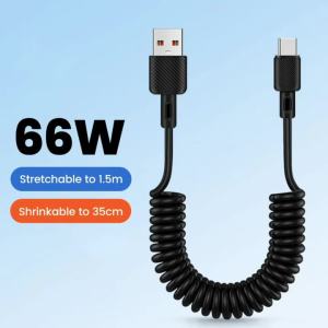 Cáp USB Type C Thu Gọn 66W Sạc Nhanh Dây Dữ Liệu Di Động Cho iPhone 15/16 Pro Huawei - Lõi Kevlar Lò Xo Tự Thu Gọn