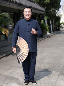 Spring Autumn Cotton Linen Chinese Style Mens Clothing Set Grandpas Retro Coat Large Coat Knitted Fabric Casual Wear