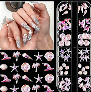 12Grids 3D Ocean Iridescent Marine Nail Charms Starfish Shell Coconut Tree Resin Decor For Summer Beach Vacation Nail Art Design