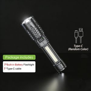 Portable Rechargeable High Power LED Flashlights With Display Screen Zoom Tactical Torch Lamp with Emergency Side Lights Lantern