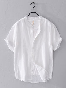 Pure Linen Cotton Linen Mens Summer Shirt Thin Short Sleeve Loose Casual Retro Style Stand Collar Fashion Urban Style