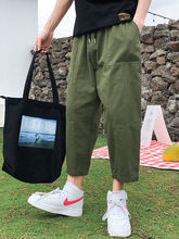 Mens Casual Straight Leg Workwear Pants Lightweight Summer Thin American Style Sporty Loose Fit Eight-Tenths Length