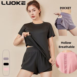 Luoke Women's Mesh Breathable Yoga Suit - Short-Sleeved Top with Summer Shorts and Pockets - Lightweight and Comfortable Sports Wear