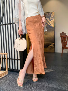 Caramel Colored High Waist New Chinese Style Half Skirt Womens Summer 2025 Slimming Split Skirt Elegant Commute Style Long A-Line Skirt
