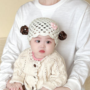Handmade Knitted Hat Baby Girl Fake Hair Cap Infant Protection Cap Spring Summer Korean Style Princess Casual Mix Fabric Knit Hat