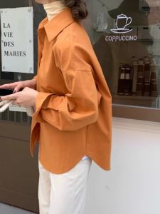 White Dirty Orange Shirt Womens Stylish Niche Style Pure Color All-Matching Loose Casual Polo Collar Long Sleeves Shirt Tops Autumn