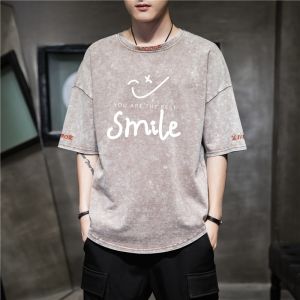 ROMON | เสื้อยืดแขนสั้นผู้ชายฤดูร้อนบางสไตล์อเมริกันคอตุ้มทรงเรโทรผ้าเดนิมซักแล้วผ้าไหมน้ำแข็งแฟชั่นฤดูร้อน 2023