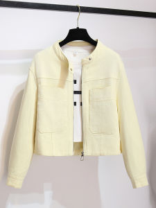 Yellow round Neck Zipper Denim Cardigan Short Jacket Womens Fashion Spring Autumn New Style Cotton 100% Button Design