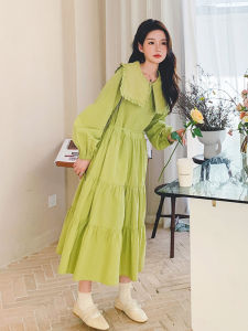 French Navy Collar Long Sleeve Green Dress Womens Autumn 2025 New High Waist Slimming Casual Long Dress A-Line Skirt