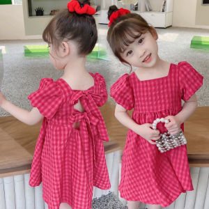2025 New Childrens Dress Girls Summer Korean Edition Fashion Bubble Sleeves Checkered Strap backless Dress 1-6Y