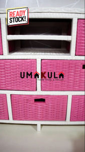 Bufet Meja TV 43 Inci Rotan Sintetis 7 Laci & Lemari Ruang Tamu Serbaguna Modern