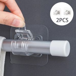 2pcs Nail-Free Adjustable Curtain Rod Holder Adhesive Wall Curtain Fixed Clip Clamp Hooks Rod Bracket Holders Hanging Rack Hook