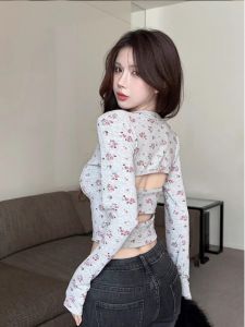 Áo Thun Cổ Tròn in Họa Tiết Hoa Phong Cách Hàn Quốc Mùa Xuân Thu Dành Cho Nữ Áo Thun Cổ Chữ U Hở Lưng Hai Mặt Phong Cách Retro Mỹ