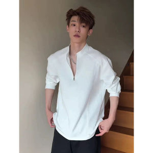 Autumn New Casual White Long Sleeve Zipper Collar T-Shirt