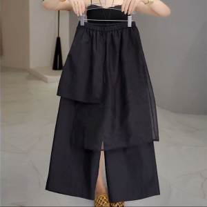 Shalldoer | Elegant Black Mesh Splice Wide Leg Pants Women Summer Loose Concealing Casual Trousers Fake Two-Piece Straight Cut High Waist