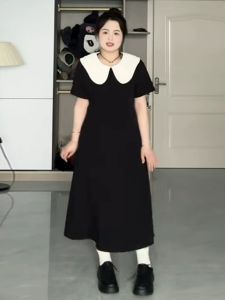 ขนาดใหญ่สไตล์ Hepburn Tea Break Skull รูปแบบเอว-cinching ตุ๊กตาฝรั่งเศส ปกเสื้อ ฤดูร้อน เดรส สําหรับ พลัสไซส์ ผู้หญิง