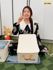 (Giặt được) Hộp đựng quần áo vải cotton và lanh Thiên Sơn form dọc cao cấp có nắp khóa kéo lõi bảng PP gấp gọn TD143