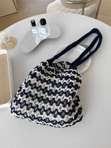Korean Style Artistic Woven Net Shoulder Bag Tote Beach Vacation Casual Soft Cotton Fabric Foldable Water Washable Womens Bag