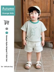 Korean Style Print Striped Breathable Cotton T-Shirt Shorts Set