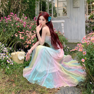 Rainbow Silk Bling Dress Women Elegant Evening Party Womens Clothing Summer Vacation Runway Design Dresses Lady