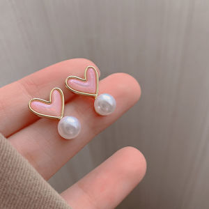 ต่างหูห่วงไข่มุกสีชมพูสไตล์เกาหลีสำหรับผู้หญิง ต่างหูห่วงหัวใจสีชมพูหวานๆ ที่ทันสมัยและอเนกประสงค์