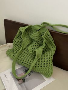 Ladies Large Capacity Knitted Tote Bag Spring Summer Hollow out Handbag Single Shoulder Soft Fabric Magnetic Buckle Closure