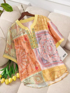 LIANGYILAILIN | Ethnic Print V-Neck Short Sleeve T-Shirt Summer Loose Breathable