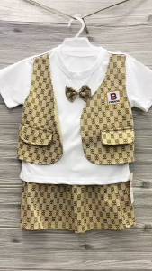 Cotton Terno for Kids Boy Cute Brown & White w/ bow tie outfit 1-5yrs old E51